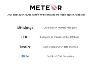 A full-stack, open source platform for building web and mobile apps in JavaScript
DDP Subscribe to changes in the database
MiniMongo Client-side in-memory mongodb
Tracker Rerun function when data changes
Blaze Reactive HTML templates
 