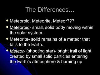 The Differences…The Differences…
 Meteoroid, Meteorite, Meteor???Meteoroid, Meteorite, Meteor???
 MeteoroidMeteoroid- small, solid body moving within- small, solid body moving within
the solar system.the solar system.
 MeteoriteMeteorite- solid remains of a meteor that- solid remains of a meteor that
falls to the Earth.falls to the Earth.
 MeteorMeteor-- (shooting star)- bright trail of light(shooting star)- bright trail of light
created by small solid particles enteringcreated by small solid particles entering
the Earth’s atmosphere & burning upthe Earth’s atmosphere & burning up
 