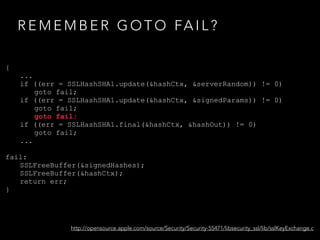 R E M E M B E R G O T O FA I L ?
{
...
if ((err = SSLHashSHA1.update(&hashCtx, &serverRandom)) != 0)
goto fail;
if ((err = SSLHashSHA1.update(&hashCtx, &signedParams)) != 0)
goto fail;
goto fail;
if ((err = SSLHashSHA1.final(&hashCtx, &hashOut)) != 0)
goto fail;
...
fail:
SSLFreeBuffer(&signedHashes);
SSLFreeBuffer(&hashCtx);
return err;
}
http://opensource.apple.com/source/Security/Security-55471/libsecurity_ssl/lib/sslKeyExchange.c
 