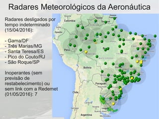 Radares Meteorológicos da Aeronáutica
Radares desligados por
tempo indeterminado
(15/04/2016):
- Gama/DF
- Três Marias/MG
- Santa Teresa/ES
- Pico do Couto/RJ
- São Roque/SP
Inoperantes (sem
previsão de
restabelecimento) ou
sem link com a Redemet
(01/05/2016): 7
 