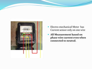  Electro-mechanical Meter has
Current sensor only on one wire
 All Measurement based on
phase wire current even when
connected to neutral.
 