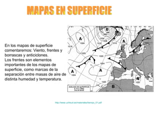 MAPAS EN SUPERFICIE En los mapas de superficie comentaremos: Viento, frentes y borrascas y anticiclones.  Los frentes son elementos importantes de los mapas de superficie, como marcas de la separación entre masas de aire de distinta humedad y temperatura.  http://www.uchbud.es/materiales/tiempo_01.pdf 