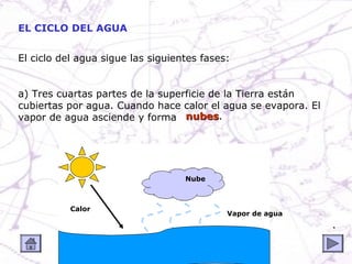 EL CICLO DEL AGUA


El ciclo del agua sigue las siguientes fases:


a) Tres cuartas partes de la superficie de la Tierra e...