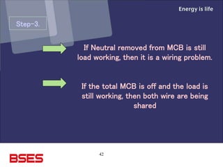42
Step-3.
If Neutral removed from MCB is still
load working, then it is a wiring problem.
If the total MCB is off and the load is
still working, then both wire are being
shared
 
