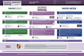 Dia 3 – 27 de Outubro
                                                                                                                                                         Quinta-Feira




                                                                                                                                                                                                                                                                                                                                           Controle e Redução das perdas
                                                                                                                                                                             Medição inteligente como fator chave para o controle e redução das perdas
              Automação na Distribuição                                                                                                                                                                                                                                                                                                    Com índices na ordem de 40% de perdas e 70% de eficiência comercial, as empresas de saneamento devem prestar especial
                                                                                                                                                                             Dentre muitos benefícios que a AMI pode oferecer à concessionária, seu aspecto de contribuição na redução das perdas
 09h00        Esta sessão apresentará estudos de caso exitosos de empresas que trabalham com sistemas de automação de rede                                                                                                                                                                                                 09h00           atenção ao tratar do assunto. Com efeito, muitas ações e estratégias podem ser tomadas para minimizar essas estatísticas, e os
                                                                                                                                                                             comerciais consiste, para muitas empresas da Região, o fator decisivo para se investir na tecnologia. Esta sessão apresentará
              integrados aos programas de AMI: benefícios, melhora da operação e pontos a melhorar.                                                           09h00                                                                                                                                                                        resultados contribuem significativamente nos índices de eficiência da empresa e no ingresso de receita. Conheça nesta sessão
                                                                                                                                                                             programas de medição inteligentes voltados à redução dos índices de fraude.
                                                                                                                                                                                                                                                                                                                                           estratégias de controle e redução das perdas de concessionárias de água e saneamento.
             Interfaces de NMS/DMS e Automação da                                                                                                                            MODERADOR: Pablo Calderón, Diretor Presidente, CAM BR | BRASIL                                   Patrocinado por:
                                                                                                                                                                                                                                                                                                                        Experiência com perdas da SARPA: limites de           Medidores Ultra-Sônicos Aplicados para
             Distribuição: a experiência da Georgia Power
                                                                                                                                                                                                                                                                                                                        redução de perdas de receita relacionados à           Aumento da Eficiência na Micromedição.
                                                                                                                                                                           Redução de 5 pontos percentuais no índice de perdas comerciais                                                                               distribuição de água e como desenvolver uma           Resultados Operacionais, Business Case,
                           Greg Brock                                                             Erik Nordgren*                                                           por meio da aplicação de técnicas não convencionais de medição: o                                                                            estratégia eficaz para a recuperação das perdas       Payback e Lições Aprendidas de Projeto-
                           Especialista Sênior de                                                 Gerente da Área de Negócios                                              estudo de caso da Ampla                                                                                     Em breve, mais                   e reeducação do consumo do cliente                    Piloto Realizado pela Águas Guariroba
                           Sistemas de Distribuição                                               VATTENFALL | SUÉCIA                                                                                                                                                                atualizações neste
                           GEORGIA POWER | USA                                                                                                                                            Claudio Rivera Moya                                                                                                                         Rens Binderman                                        Justino Brunelli Jr.                              Representante a definir
                                                                                                                                                                                          Responsável pela Diretoria de Recuperação de Mercado                                             painel
                                                                                                                                                                                                                                                                                                                                      Consultor Técnico                                     Gestor de Manutenção                              Superintendência
                                                                                                                                                                                          AMPLA | BRASIL                                                                                                                              SARPA | ÁFRICA DO SUL                                 ÁGUAS DE GUARIROBA | BRASIL                       de Desenvolvimento Operacional
                                                                                                                                                                                                                                                                                                                                                                                                                                              SABESP | BRASIL
  09:30                                                   Coffee Break & Networking                                                                                                                                         Coffee Break & Networking                                                                                                                          Coffee Break & Networking

                                                                                                                                                                             Prevenção de fraude e recuperação de mercado
              Arquitetura de telecomunicação para programa de AMI                                                                                                                                                                                                                                                                          Faturamento e relação com clientes
                                                                                                                                                                             A medição inteligente possui papel importante dentro da concessionária que quer uma abordagem mais
              A arquitetura de comunicação de um programa AMI pode possuir várias formas distintas. Com efeito, para cada tipo de                                                                                                                                                                                                          O faturamento possui um importante papel nas concessionárias relacionado à eficiência da cobrança. Estratégias de
 11h00                                                                                                                                                                       incisiva na questão do controle das perdas. Ferramentas de TI e CRM também contribuem à redução das                                           11h00
              cliente - AT/BT- sua localização geográfica- cidade/campo – entre outros aspectos, há uma solução ótima. Essa sessão visa a                                                                                                                                                                                                  relacionamento com clientes podem também contribuir para a diminuição da inadimplência e aumento da receita. Essa
                                                                                                                                                              11h00          perdas e recuperação de mercado. Esta sessão abordará estratégias das concessionárias para se otimizar
              apresentar benefícias de opções distintas de arquitetura de comunicação e sua melhor aplicabilidade                                                                                                                                                                                                                          sessão abordará casos de empresas com comprovada expertise em faturamento e relacionamento com clientes.
                                                                                                                                                                             área comercial e recuperar receita por meio de estratégias e tecnologias inteligentes.
                                                                                                                                                                                                                                                                                       Patrocinado por:
             O poder do satélite: eliminado-se o Gap do                               O por quê de envolver os clientes para uma                                             MODERADOR: Airton Salton Rosek, Diretor de Relações Institucionais, ELO | BRASIL                                                                           Melhoria do relacionamento com clientes através do
             Smart Grid em telecomunicações                                           implementação exitosa do Smart Grids                                                                                                                                                                                                              uso das redes sociais, o caso de Aguas de Manizales
                                                                                                                                                          Melhorias técnicas implementadas em Nova Delhi que resultaram na queda                    Case de Sucesso: Projeto de Regularização das                                                                                                                                                      Em breve, mais
                           Joel Schroeder                                                          Carlos Ramón                                           dos índices de perdas de 57% para menos de 16% nos últimos nove anos                      Instalações Elétricas na Comunidade de Paraisópolis                                                 Diana Lorena Gómez                                                                           atualizações neste
                           Manager, Land Services - Americas                                       Gerente Geral-Negócios Globais                                                                                                                                                                                                                       Subgerente de Serviço ao Cliente
                                                                                                                                                                                                                                                                                                                                                                                                                                                           painel
                           INMARSAT | USA                                                          SILVER SPRING NETWORKS | USA                                          Anish Garg                                                                                     Marisa Zampolli                                                                 ÁGUAS DE MANIZALES | COLOMBIA
                                                                                                                                                                         Diretor de Engenharia e Desempenho                                                             Consultora
                                                                                                                                                                         DERC | ÍNDIA                                                                                   PROCOBRE | BRASIL
 12:30                                                                  Almoço                                                                                                                                              Almoço                                                                                                                                                            Almoço

              Workshop: Veículos Elétricos                                                                                                                                   Workshop: estratégias de gestão de sistema de medição e otimização do MDM
              Um dos aspectos mais interessantes do Smart Grid é a possibilidade de se integrar veículos elétricos à rede. Com efeito, em                                    Este workshop abordará todos os aspectos de medição relacionados ao gerenciamento eficiente do setor comercial:                                               Workshop: A contribuição de práticas de Gestão à distribuição eficiente e seu resultado em redução dos índices de perdas
              algumas cidades européias a venda de VE às pessoas comuns já é realidade. No entando, o fortalecimento desse mercado                                           - Utilização de sistemas AMI/AMR como ferramenta de combate à fraude                                                                                          A obtenção de resultados em qualquer organização depende de três fatores primordiais: liderança, conhecimento técnico
              ainda possui inúmeros desafios, tanto do ponto de vista financeiro quanto tecnológico. Não obstante, a possibilidade de                                        - O efeito da tecnologia de medição no processo de proteção da receita                                                                                        e método. Neste workshop se desenvolverá um diálogo com os participantes com o intuito de demonstrar como a gestão,
 14h00        um desenvolvimento consistente de um mercado de veículos elétricos representa um enerme potencial de ingresso de                                               - Estratégias de gerenciamento de demanda vs. Estratégias de proteção de receita                                                                              associada aos fundamentos da IWA – International Water Association - e do MEG – Modelo de Excelência na Gestão da
              receita às concessionárias. Esta sessão apresentará cases de programas de VE europeus bem como considerações sobre o                            14h00          - Desenvolvimento de políticas, diretrizes e procedimentos com o objetivo de minimizar perdas técnicas e comenrciais                                          FNQ - contribui com a redução das perdas de água e do consumo de energia elétrica, aumento de receita e redução de
              desenvolvimento consistente de VE no Brasil.                                                                                                                   - As melhores práticas mundiais                                                                                                               14h00           custos e melhoria dos índices de eficiência da distribuição de água. Será demonstrado como a combinação da liderança,
                                                                                                                                                                             - Os projetos pilotos de recuperação de receita na África do Sul                                                                                              conhecimento técnico e método, aplicados na gestão de concessionárias de água, conduzirá à obtenção de resultados.
              MODERADOR: Ricardo Van Erven, Diretor de Tecnologia, AES ELETROPAULO | BRASIL                                                                                  - Eficiência na gestão de dados como ferramenta de combate à perda                                                                                            Serão abordados três temas:
                                                                                                                                                                             - Estabelecimento de uma força tarefa da proteção de receita para inibir perdas comerciais e furto de cobre                                                   - Papel do Sistema de liderança nos projetos de redução de perdas de água
                                                                                                                                                                             - Requisitos da plataforma MDM para integrá-la nos processos operacionais                                                                                     - Tecnologias apropriáveis para se reduzir perdas, focando-as aos processos agregadores de valor
                           Senan McGrath*                                                      Representante*                                                                                                                                                                                                                              - Métodos de solução de problemas para se evitar e controlar a variabilidade das causas das perdas
                           CTO                                                                 MITSUBISHI MOTORS | BRASIL
                           ECARS | IRLANDA
                                                                                                                                                                                         Rens Bindeman
                                                                                                                                                                                                                                                                                                                                      Mario Baggio                                                Dante Luiz Luvisotto
                                                                                                                                                                                         Consultor Técnico
                                                                                                                                                                                                                                                                                                                                      Sócio Gerente                                               Diretor Executivo Regional
                                                                                                                                                                                         SARPA | ÁFRICA DO SUL
                                                                                                                                                                                                                                                                                                                                      HOPERAÇÕES | BRASIL                                         GRUPO ÁGUAS DO BRASIL | BRASIL
* aguardando confirmação


                                                                                                                                                   Como forma de incentivar o networking e a geração de novos negócios a Spintelligent promoverá o METERING BINGO.
 16h00                                                                           SORTEIO DO METERING BINGO NA áREA DE ExpOSIçãO                    Distribuiremos um formulário a cada participante com os logos de nossos patrocinadores e expositores do evento. Durante os três dias do evento, o participante terá de visitar os stands da área de exposição, colecionar adesivos
                                                                                                                                                   no formulário do BINGO e depositar o formulário preenchido na urna de sorteio. Entregaremos um prêmio especial no último dia de evento à pessoa sorteada, que visitou stands e praticou o networking.




                                                                                                                              A conquista de um objetivo: o passo a passo para transformar desafios em oportunidades pessoais e profissionais

             APRESENTAÇÃO                                                                                                     O Comendador Marcos Pontes nasceu em Bauru, SP em 11 de março de 1963. Ele é Engenheiro Aeronáutico, formado pelo Instituto Tecnológico de Aeronáutica, ITA, e Mestre em Engenharia de Sistemas pela Naval Postgraduate School, California,
                                                                                                                              USA. Ele é o Primeiro Brasileiro, na história do País, a ir ao espaço. Tem grande experiência profissional como engenheiro, gerente de projetos e gestor de programas, trabalhando em vários projetos e programas internacionais de grande vulto e
               ESPECIAL DE                                                                                   16h30
                                                                                                                              complexidade técnica junto à NASA, JAXA, ESA, BOEING, e diversas outras organizações e empresas de grande projeção mundial.
             ENCERRAMENTO                                                                                                     Atualmente, continua como parte integrante do Programa Espacial Brasileiro, permanecendo em Houston, Texas, à disposição da Agência Espacial Brasileira como representante técnico e Astronauta, aguardando a escalação pelo Governo Brasileiro
                                                                                                                              para a sua segunda missão espacial. Marcos Pontes abordará em sua palestra sua experiência de vida e preparo para viajar ao espaço, a importância da precisão de materiais e da tecnologia no espaço e suas vivências com atividades espaciais.




 18h00                                                                                                                                                                                                                    Fim do Metering Latin America 2011




                                                                               Quatro maneiras de se inscrever: 1) E-mail: contato@meteringlatinamerica.com.br; 2) Fone: +55 11 3893-1300 Ramais: 229, 286 ou 213; 3) site: www.meteringlatinamerica.com.br; 4) Fax: 55 11 3256-3513
 