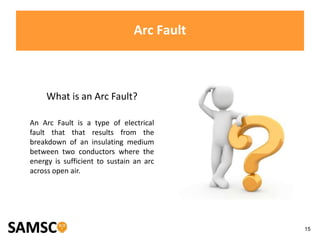 15
Arc Fault
What is an Arc Fault?
An Arc Fault is a type of electrical
fault that that results from the
breakdown of an insulating medium
between two conductors where the
energy is sufficient to sustain an arc
across open air.
 