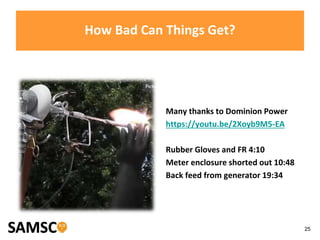 25
How Bad Can Things Get?
Many thanks to Dominion Power
https://youtu.be/2Xoyb9M5-EA
Rubber Gloves and FR 4:10
Meter enclosure shorted out 10:48
Back feed from generator 19:34
 