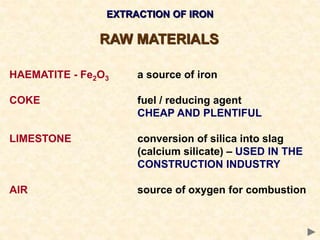 RAW MATERIALS
HAEMATITE - Fe2O3 a source of iron
COKE fuel / reducing agent
CHEAP AND PLENTIFUL
LIMESTONE conversion of silica into slag
(calcium silicate) – USED IN THE
CONSTRUCTION INDUSTRY
AIR source of oxygen for combustion
EXTRACTION OF IRON
 