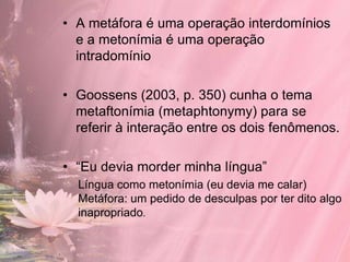 • A metáfora é uma operação interdomínios
  e a metonímia é uma operação
  intradomínio

• Goossens (2003, p. 350) cunha o tema
  metaftonímia (metaphtonymy) para se
  referir à interação entre os dois fenômenos.

• “Eu devia morder minha língua”
  Língua como metonímia (eu devia me calar)
  Metáfora: um pedido de desculpas por ter dito algo
  inapropriado.
 