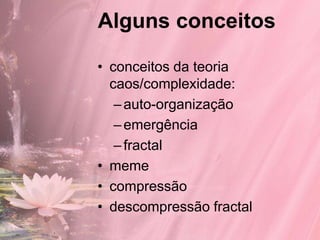 Alguns conceitos

• conceitos da teoria
  caos/complexidade:
   – auto-organização
   – emergência
   – fractal
• meme
• compressão
• descompressão fractal
 