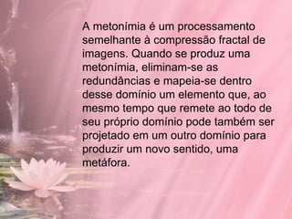 A metonímia é um processamento
semelhante à compressão fractal de
imagens. Quando se produz uma
metonímia, eliminam-se as
redundâncias e mapeia-se dentro
desse domínio um elemento que, ao
mesmo tempo que remete ao todo de
seu próprio domínio pode também ser
projetado em um outro domínio para
produzir um novo sentido, uma
metáfora.
 