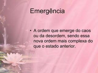 Emergência

• A ordem que emerge do caos
  ou da desordem, sendo essa
  nova ordem mais complexa do
  que o estado anterior.
 