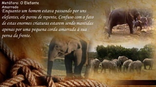 Metáfora: O Elefante
Amarrado
Enquanto um homem estava passando por uns
elefantes, ele parou de repente, Confuso com o fato
de estas enormes criaturas estarem sendo mantidas
apenas por uma pequena corda amarrada à sua
perna da frente.
 