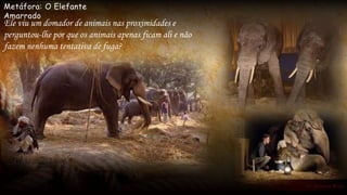Metáfora: O Elefante
Amarrado
Ele viu um domador de animais nas proximidades e
perguntou-lhe por que os animais apenas ficam ali e não
fazem nenhuma tentativa de fuga?
 