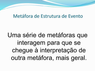 Metáfora de Estrutura de Evento
Uma série de metáforas que
interagem para que se
chegue à interpretação de
outra metáfora, mais geral.
 