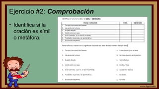 Ejercicio #2: Comprobación
• Identifica si la
oración es símil
o metáfora.
 