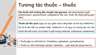 Tương tác thuốc – thuốc
+ Thuốc gây ức chế thải trừ: Cimetidine, cephalexin, pyrimethamine
+ Thuốc ức chế cholinergic (atropin, biperiden…) gây tăng tác dụng dược lý
Thuốc lợi tiểu quai (nguy cơ suy giảm chức năng thận và tích lũy metformin)
Do tỷ lệ liên kết với protein thấp, metformin ít có nguy cơ tương tác với các
thuốc liên kết mạnh với protein huyết tương (salicylat, sulfonamid, probenecid)
Các thuốc ảnh hưởng đến chuyển hóa glucose, làm tăng đường huyết
(clorpromazin, glucocorticoid, progesteron liều cao, thuốc tác động giống giao
cảm)
 