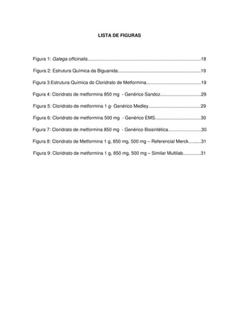 8



                                            LISTA DE FIGURAS




Figura 1: Galega officinalis.........................................................................................18

Figura 2: Estrutura Química da Biguanida.................................................................19

Figura 3:Estrutura Química do Cloridrato de Metformina...........................................19

Figura 4: Cloridrato de metformina 850 mg - Genérico Sandoz................................29

Figura 5: Cloridrato de metformina 1 g- Genérico Medley.........................................29

Figura 6: Cloridrato de metformina 500 mg - Genérico EMS....................................30

Figura 7: Cloridrato de metformina 850 mg - Genérico Biosintética..........................30

Figura 8: Cloridrato de Metformina 1 g, 850 mg, 500 mg – Referencial Merck..........31

Figura 9: Cloridrato de metformina 1 g, 850 mg, 500 mg – Similar Multilab..............31
 
