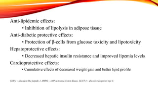 Anti-lipidemic effects:
• Inhibition of lipolysis in adipose tissue
Anti-diabetic protective effects:
• Protection of β-cells from glucose toxicity and lipotoxicity
Hepatoprotective effects:
• Decreased hepatic insulin resistance and improved lipemia levels
Cardioprotective effects:
• Cumulative effects of decreased weight gain and better lipid profile
GLP-1 – glucagon-like peptide-1, AMPK – AMP-activated protein kinase, GLUT-4 – glucose transporter type 4,

 