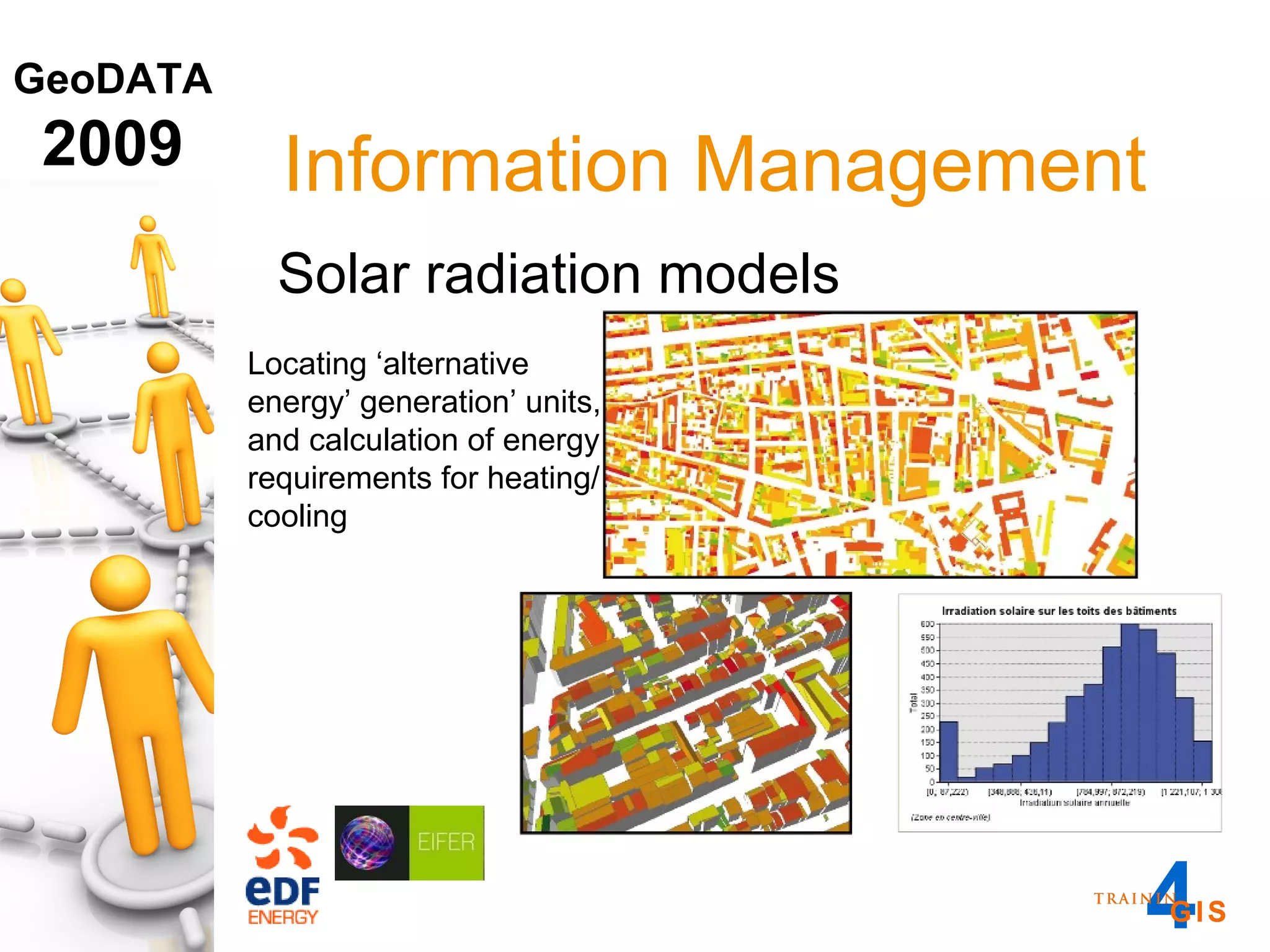 Information Management Solar radiation models Locating ‘alternative energy’ generation’ units, and calculation of energy requirements for heating/cooling 