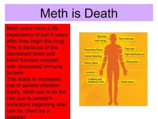 Meth is Death Meth users have a life expectancy of just 5 years after they begin the drug. This is because of the decreased brain and heart function coupled with decreased immune system. This leads to increased risk of severe infection. Sadly, Meth use is on the rise due to people's addictions beginning after one try. Don't be a statistic! 