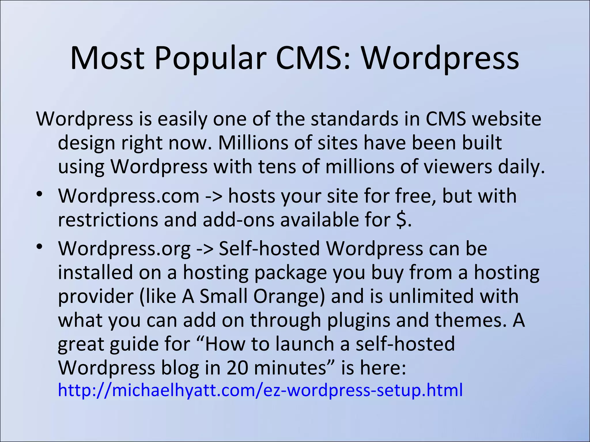 •
•
•

HTML coding: Notepad, Code View in Adobe Dreamweaver
WYSIWYG: Adobe Dreamweaver, Microsoft FrontPage (antiquated)
Free online website builders: MANY! Some good examples:
www.weebly.com
www.wix.com
www.squarespace.com
www.blogger.com – popular blogging site, free, owned by

Google

•

sites.google.com - Google sites – good for sharing data, info
www.about.me – simple one page landing site for social media
(beware of advertising, gotchas, and limitations on others)
Content Management Systems
– Wordpress
– Joomla!

— Drupal
— Many others too

 