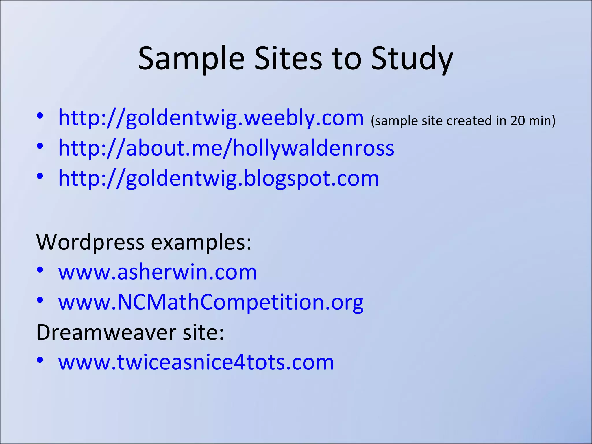 Wordpress is easily one of the standards in CMS website
design right now. Millions of sites have been built using
Wordpress with tens of millions of viewers daily.
 Wordpress.com -> hosts your site for free, but with
restrictions and add-ons available for $.
 Wordpress.org -> Self-hosted Wordpress can be
installed on a hosting package you buy from a hosting
provider (like A Small Orange) and is unlimited with
what you can add on through plugins and themes. A
great guide for “How to launch a self-hosted
Wordpress blog in 20 minutes” is here:
http://michaelhyatt.com/ez-wordpress-setup.html

 
