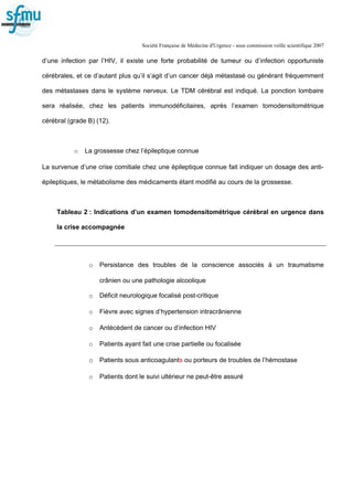 Société Française de Médecine d'Urgence - sous commission veille scientifique 2007
d’une infection par l’HIV, il existe une forte probabilité de tumeur ou d’infection opportuniste
cérébrales, et ce d’autant plus qu’il s’agit d’un cancer déjà métastasé ou générant fréquemment
des métastases dans le système nerveux. Le TDM cérébral est indiqué. La ponction lombaire
sera réalisée, chez les patients immunodéficitaires, après l’examen tomodensitométrique
cérébral (grade B) (12).
o La grossesse chez l’épileptique connue
La survenue d’une crise comitiale chez une épileptique connue fait indiquer un dosage des anti-
épileptiques, le métabolisme des médicaments étant modifié au cours de la grossesse.
Tableau 2 : Indications d’un examen tomodensitométrique cérébral en urgence dans
la crise accompagnée
o Persistance des troubles de la conscience associés à un traumatisme
crânien ou une pathologie alcoolique
o Déficit neurologique focalisé post-critique
o Fièvre avec signes d’hypertension intracrânienne
o Antécédent de cancer ou d’infection HIV
o Patients ayant fait une crise partielle ou focalisée
o Patients sous anticoagulants ou porteurs de troubles de l’hémostase
o Patients dont le suivi ultérieur ne peut-être assuré
 
