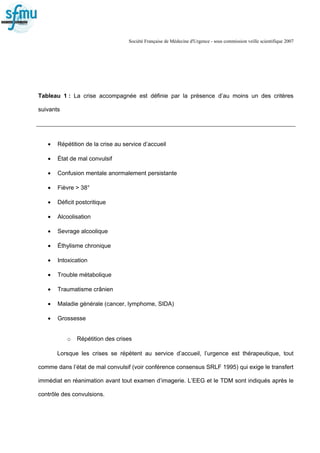 Société Française de Médecine d'Urgence - sous commission veille scientifique 2007
Tableau 1 : La crise accompagnée est définie par la présence d’au moins un des critères
suivants
• Répétition de la crise au service d’accueil
• État de mal convulsif
• Confusion mentale anormalement persistante
• Fièvre > 38°
• Déficit postcritique
• Alcoolisation
• Sevrage alcoolique
• Éthylisme chronique
• Intoxication
• Trouble métabolique
• Traumatisme crânien
• Maladie générale (cancer, lymphome, SIDA)
• Grossesse
o Répétition des crises
Lorsque les crises se répètent au service d’accueil, l’urgence est thérapeutique, tout
comme dans l’état de mal convulsif (voir conférence consensus SRLF 1995) qui exige le transfert
immédiat en réanimation avant tout examen d’imagerie. L’EEG et le TDM sont indiqués après le
contrôle des convulsions.
 