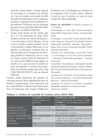 Folia Pharmacotherapeutica  34,  janvier 2007  •  http://www.cbip.be 
ment fut ensuite répété à chaque épisode
de wheezing, et ce pendant une période
de 3 ans. Les résultats ont montré un effet
favorable du budésonide sur les symptômes
pendant les épisodes,mais le traitement n’a
pas influencé l’évolution vers un wheezing
persistant [New Engl J Med 2006;354:1998-
2005,avec un éditorial 2058-60].
•	 L’autre étude portait sur des enfants âgés
de 2 à 3 ans présentant un risque élevé
d’asthme (sur base de critères tels la présen-
ce de wheezing ou d’une allergie). Ils ont
reçu de manière continue pendant 2 ans le
corticostéroïde à inhaler fluticasone ou un
placebo. Le fluticasone entraînait bien un
effet favorable sur les symptômes de whee-
zing pendant le traitement, mais au cours
de l’année suivant l’arrêt du traitement, il
n’y avait aucune différence par rapport au
placebo en ce qui concerne le nombre de
jours sans épisode, le nombre d’exacerba-
tions ou la fonction pulmonaire [New Engl
J Med 2006;354:1985-97,avec un éditorial
2058-60].
Certains enfants présentant des épisodes de
wheezing peuvent donc probablement tirer un
bénéfice symptomatique d’un traitement par
des corticostéroïdes à inhaler,mais l’instauration
d’un tel traitement dans l’espoir d’influencer
l’évolution vers le développement d’asthme ou
la progression d’un éventuel asthme ultérieur
n’a pas de sens; il convient, en outre, de tenir
compte des effets indésirables.
Noms de spécialités (à inhaler; situation au
1/12/2006)
Anticholinergiques: à courte durée d’action: ipratropium
(Atrovent®); à longue durée d’action : tiotropium (Spi-
riva®)
ß2-mimétiques: à courte durée d’action: fénotérol (Bero-
tec®), salbutamol (Airomir®, Docsalbuta®, Novolizer
Salbutamol®, Ventolin®), terbutaline (Bricanyl®); à
longue durée d’action: formotérol (Foradil®, Oxis®),
salmétérol (Serevent®)
Associations d’un anticholinergique (à courte durée d’action)
+ un ß2-mimétique (à courte durée d’action): ipratropium
+ salbutamol (Combivent®), ipratropium + fénotérol
(Duovent®)
Corticostéroïdes: béclométhasone (Beclophar®, Qvar®),
budésonide (Budesonide Easyhaler Sandoz®, Mifloni-
de®,Novolizer Budesonide®,Pulmicort®),fluticasone
(Flixotide®)
Associations d’un corticostéroïde + un ß2-mimétique (à longue
durée d’action): budésonide + formotérol (Symbicort®),
fluticasone + salmétérol (Seretide®)
Antagonistes des récepteurs des leucotriènes: montélukast
(Singulair®),zafirlukast (Accolate®,Resma®)
Omalizumab :Xolair® 
Tableau 1. Critères de contrôle de l'asthme selon GINA 2006
Contrôlé (toutes les
caractéristiques sont
présentes)
Partiellement contrôlé (1 ou 2 caracté-
ristiques présentes sur une semaine) ou non
contrôlé (≥ 3 caractéristiques présentes sur
une semaine)
Symptômes diurnes Max. 2 x par semaine Plus de 2 x par semaine
Limitation des activités Pas Toute limitation
Symptômes nocturnes Pas Tout symptôme nocturne
Besoin en bronchodilatateurs Max. 2 x par semaine Plus de 2 x par semaine
Fonction pulmonaire (DEP
ouVEMS)
Normale  80% de la valeur prédictive ou de la
meilleure valeur personnelle
Exacerbations Pas Partiellement contrôlé: une ou plusieurs par
an; non contrôlé: une par semaine
 