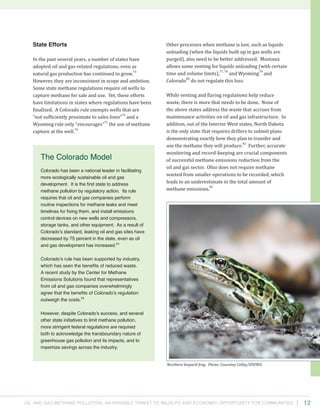 Oil and Gas Methane Pollution: An Invisible Threat to Wildlife and Economic Opportunity for Communities
Other processes when methane is lost, such as liquids
unloading (when the liquids built up in gas wells are
purged), also need to be better addressed. Montana
allows some venting for liquids unloading (with certain
time and volume limits),
77, 78
and Wyoming
79
and
Colorado
80
do not regulate this loss.
While venting and flaring regulations help reduce
waste, there is more that needs to be done. None of
the above states address the waste that accrues from
maintenance activities on oil and gas infrastructure. In
addition, out of the Interior West states, North Dakota
is the only state that requires drillers to submit plans
demonstrating exactly how they plan to transfer and
use the methane they will produce.
81
Further, accurate
monitoring and record-keeping are crucial components
of successful methane emissions reduction from the
oil and gas sector. Ohio does not require methane
wasted from smaller operations to be recorded, which
leads to an underestimate in the total amount of
methane emissions.
82
State Efforts
In the past several years, a number of states have
adopted oil and gas-related regulations, even as
natural gas production has continued to grow.
73
However, they are inconsistent in scope and ambition.
Some state methane regulations require oil wells to
capture methane for sale and use. Yet, these efforts
have limitations in states where regulations have been
finalized. A Colorado rule exempts wells that are
“not sufficiently proximate to sales lines”
74
and a
Wyoming rule only “encourages”
75
the use of methane
capture at the well.
76
12
The Colorado Model
Colorado has been a national leader in facilitating
more ecologically sustainable oil and gas
development. It is the first state to address
methane pollution by regulatory action. Its rule
requires that oil and gas companies perform
routine inspections for methane leaks and meet
timelines for fixing them, and install emissions
control devices on new wells and compressors,
storage tanks, and other equipment. As a result of
Colorado’s standard, leaking oil and gas sites have
decreased by 75 percent in the state, even as oil
and gas development has increased.83
Colorado’s rule has been supported by industry,
which has seen the benefits of reduced waste.
A recent study by the Center for Methane
Emissions Solutions found that representatives
from oil and gas companies overwhelmingly
agree that the benefits of Colorado’s regulation
outweigh the costs.84
However, despite Colorado’s success, and several
other state initiatives to limit methane pollution,
more stringent federal regulations are required
both to acknowledge the transboundary nature of
greenhouse gas pollution and its impacts, and to
maximize savings across the industry.
Northern leopard frog. Photo: Courtney Celley/USFWS.
 