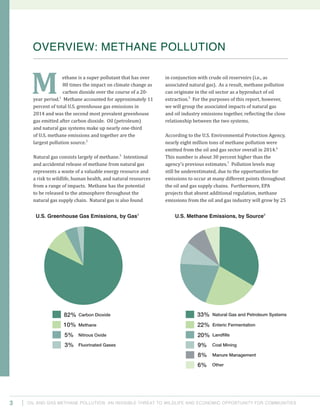 Oil and Gas Methane Pollution: An Invisible Threat to Wildlife and Economic Opportunity for Communities3
in conjunction with crude oil reservoirs (i.e., as
associated natural gas). As a result, methane pollution
can originate in the oil sector as a byproduct of oil
extraction.5
For the purposes of this report, however,
we will group the associated impacts of natural gas
and oil industry emissions together, reflecting the close
relationship between the two systems.
According to the U.S. Environmental Protection Agency,
nearly eight million tons of methane pollution were
emitted from the oil and gas sector overall in 2014.6
This number is about 30 percent higher than the
agency’s previous estimates.7
Pollution levels may
still be underestimated, due to the opportunities for
emissions to occur at many different points throughout
the oil and gas supply chains. Furthermore, EPA
projects that absent additional regulation, methane
emissions from the oil and gas industry will grow by 25
	 ethane is a super pollutant that has over
80 times the impact on climate change as
carbon dioxide over the course of a 20-
year period.1
Methane accounted for approximately 11
percent of total U.S. greenhouse gas emissions in
2014 and was the second most prevalent greenhouse
gas emitted after carbon dioxide. Oil (petroleum)
and natural gas systems make up nearly one-third
of U.S. methane emissions and together are the
largest pollution source.2
Natural gas consists largely of methane.3
Intentional
and accidental release of methane from natural gas
represents a waste of a valuable energy resource and
a risk to wildlife, human health, and natural resources
from a range of impacts. Methane has the potential
to be released to the atmosphere throughout the
natural gas supply chain. Natural gas is also found
OVERVIEW: METHANE POLLUTION
M
82% Carbon Dioxide
10% Methane
5% Nitrous Oxide
3% Fluorinated Gases
33% Natural Gas and Petroleum Systems
22% Enteric Fermentation
20% Landfills
9% Coal Mining
8% Manure Management
6% Other
U.S. Greenhouse Gas Emissions, by Gas4
82% Carbon Dioxide
10% Methane
5% Nitrous Oxide
3% Fluorinated Gases
33% Natural Gas and Petroleum Systems
22% Enteric Fermentation
20% Landfills
9% Coal Mining
8% Manure Management
6% Other
U.S. Methane Emissions, by Source8
 