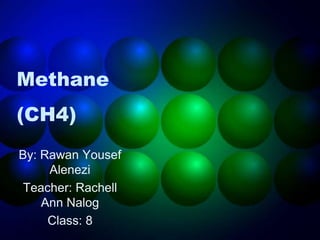 Methane
(CH4)
By: Rawan Yousef
Alenezi
Teacher: Rachell
Ann Nalog
Class: 8
 