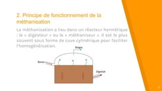 “
3
2. Principe de fonctionnement de la
méthanisation
La méthanisation a lieu dans un réacteur hermétique
: le « digesteur » ou le « méthaniseur ». Il est le plus
souvent sous forme de cuve cylindrique pour faciliter
l’homogénéisation.
 
