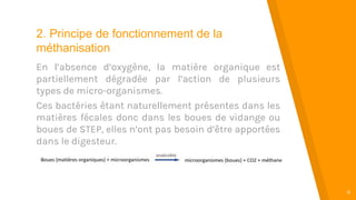 “
4
2. Principe de fonctionnement de la
méthanisation
En l’absence d’oxygène, la matière organique est
partiellement dégradée par l’action de plusieurs
types de micro-organismes.
Ces bactéries étant naturellement présentes dans les
matières fécales donc dans les boues de vidange ou
boues de STEP, elles n’ont pas besoin d’être apportées
dans le digesteur.
 