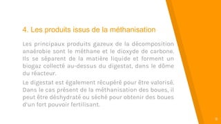 “
8
4. Les produits issus de la méthanisation
Les principaux produits gazeux de la décomposition
anaérobie sont le méthane et le dioxyde de carbone.
Ils se séparent de la matière liquide et forment un
biogaz collecté au-dessus du digestat, dans le dôme
du réacteur.
Le digestat est également récupéré pour être valorisé.
Dans le cas présent de la méthanisation des boues, il
peut être déshydraté ou séché pour obtenir des boues
d’un fort pouvoir fertilisant.
 