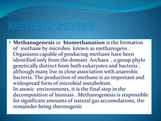  Methanogenesis or biomethanation is the formation
of methane by microbes known as methanogens .
Organisms capable of producing methane have been
identified only from the domain Archaea , a group phylo
genetically distinct from both eukaryotes and bacteria ,
although many live in close association with anaerobic
bacteria. The production of methane is an important and
widespread form of microbial metabolism.
In anoxic environments, it is the final step in the
decomposition of biomass . Methanogenesis is responsible
for significant amounts of natural gas accumulations, the
remainder being thermogenic
 