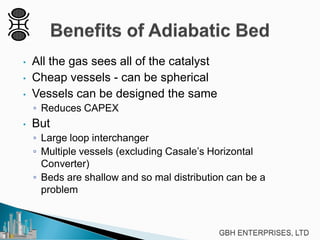 • All the gas sees all of the catalyst
• Cheap vessels - can be spherical
• Vessels can be designed the same
◦ Reduces CAPEX
• But
◦ Large loop interchanger
◦ Multiple vessels (excluding Casale’s Horizontal
Converter)
◦ Beds are shallow and so mal distribution can be a
problem
 