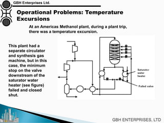 Operational Problems: Temperature
Excursions
At an Americas Methanol plant, during a plant trip,
there was a temperature excursion.
This plant had a
separate circulator
and synthesis gas
machine, but in this
case, the minimum
stop on the valve
downstream of the
saturator water
heater (see figure)
failed and closed
shut.
 