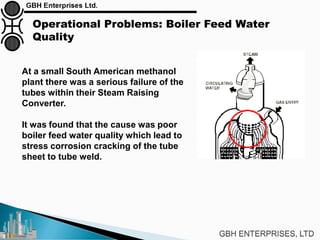 Operational Problems: Boiler Feed Water
Quality
At a small South American methanol
plant there was a serious failure of the
tubes within their Steam Raising
Converter.
It was found that the cause was poor
boiler feed water quality which lead to
stress corrosion cracking of the tube
sheet to tube weld.
 