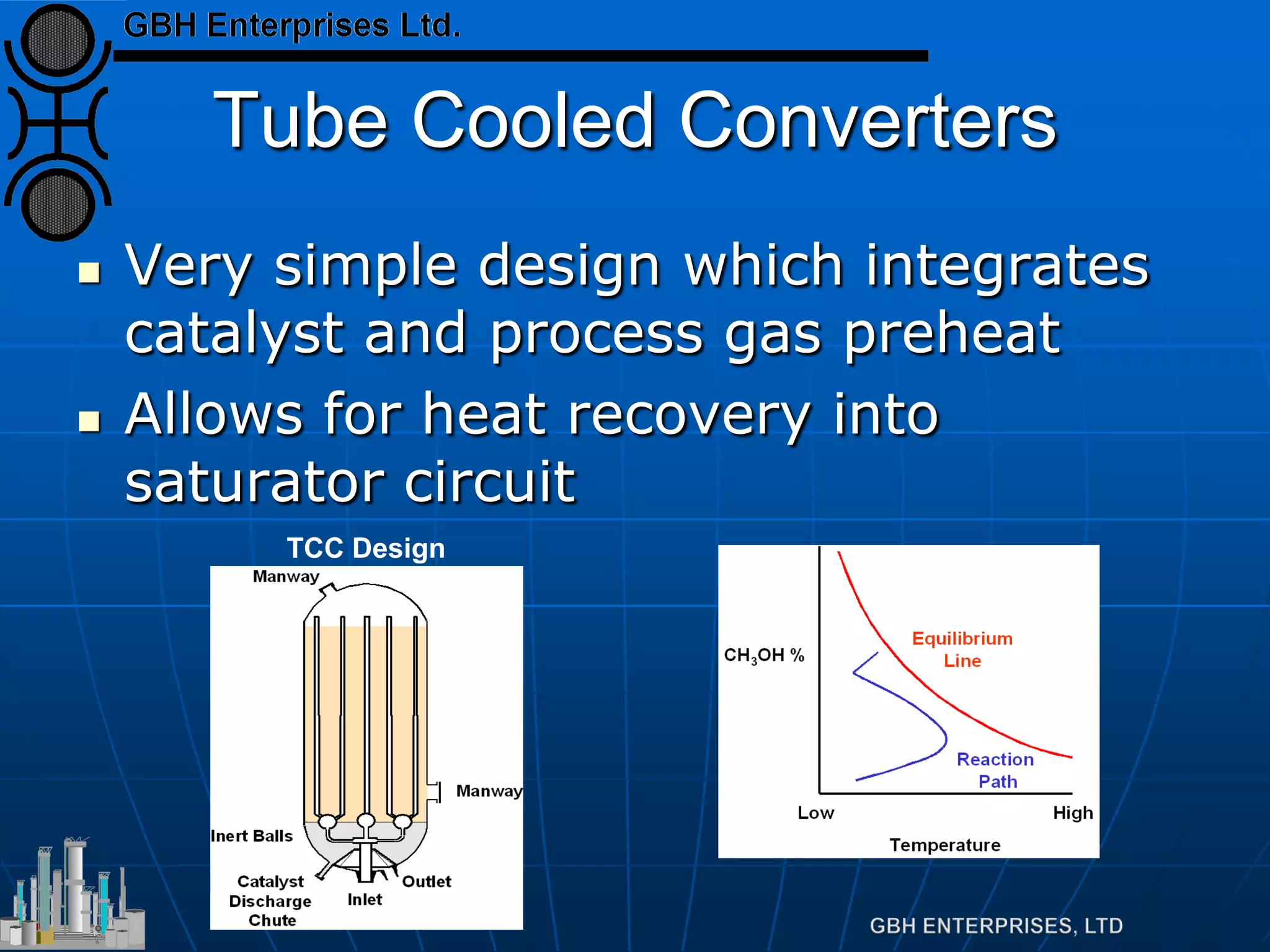Tube Cooled Converters
 Very simple design which integrates
catalyst and process gas preheat
 Allows for heat recovery into
saturator circuit
TCC Design
 