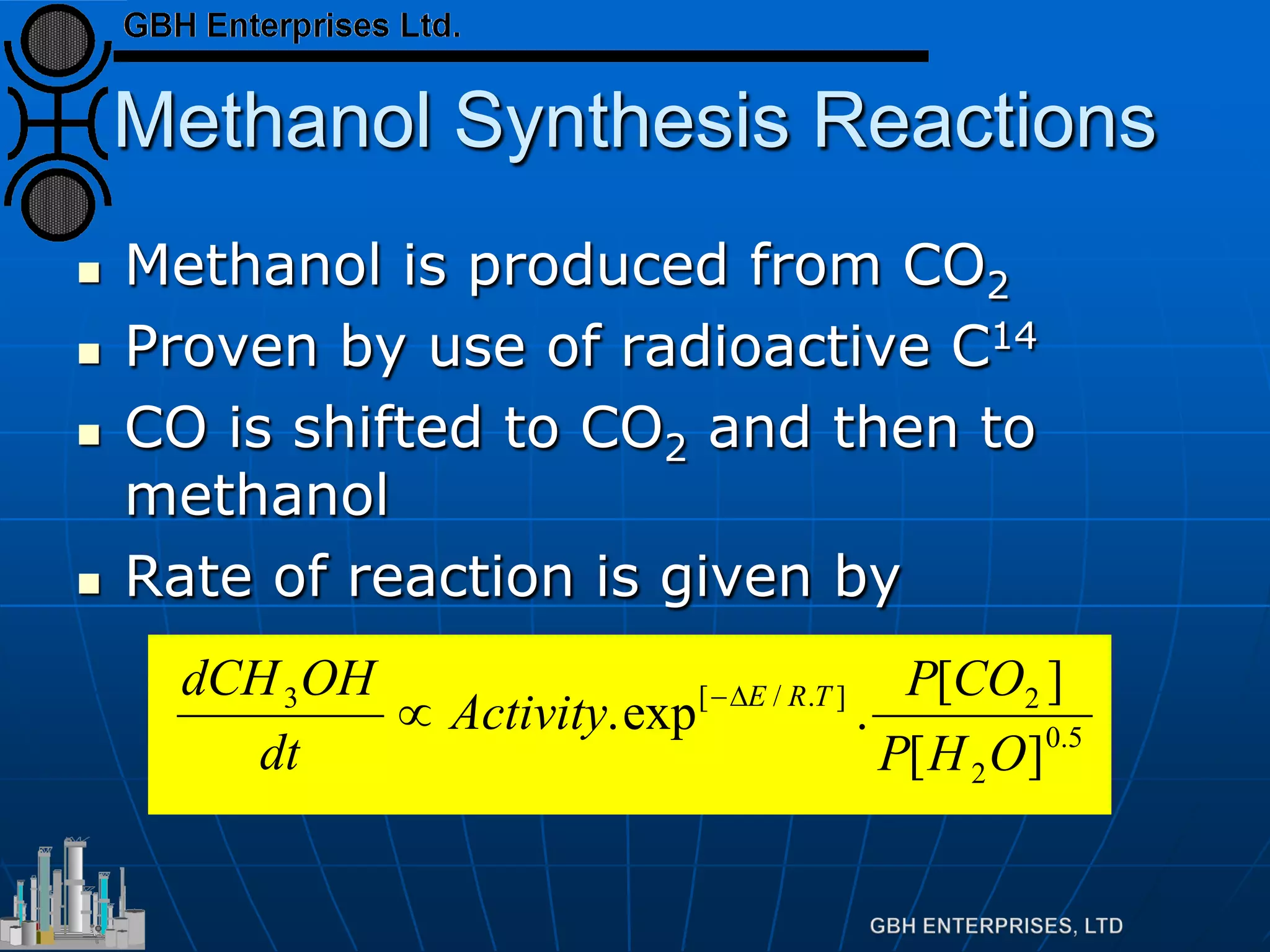 Methanol Synthesis Reactions
 Methanol is produced from CO2
 Proven by use of radioactive C14
 CO is shifted to CO2 and then to
methanol
 Rate of reaction is given by
5.0
2
2]./[3
][
][
.exp.
OHP
COP
Activity
dt
OHdCH TRE∆−
∝
 