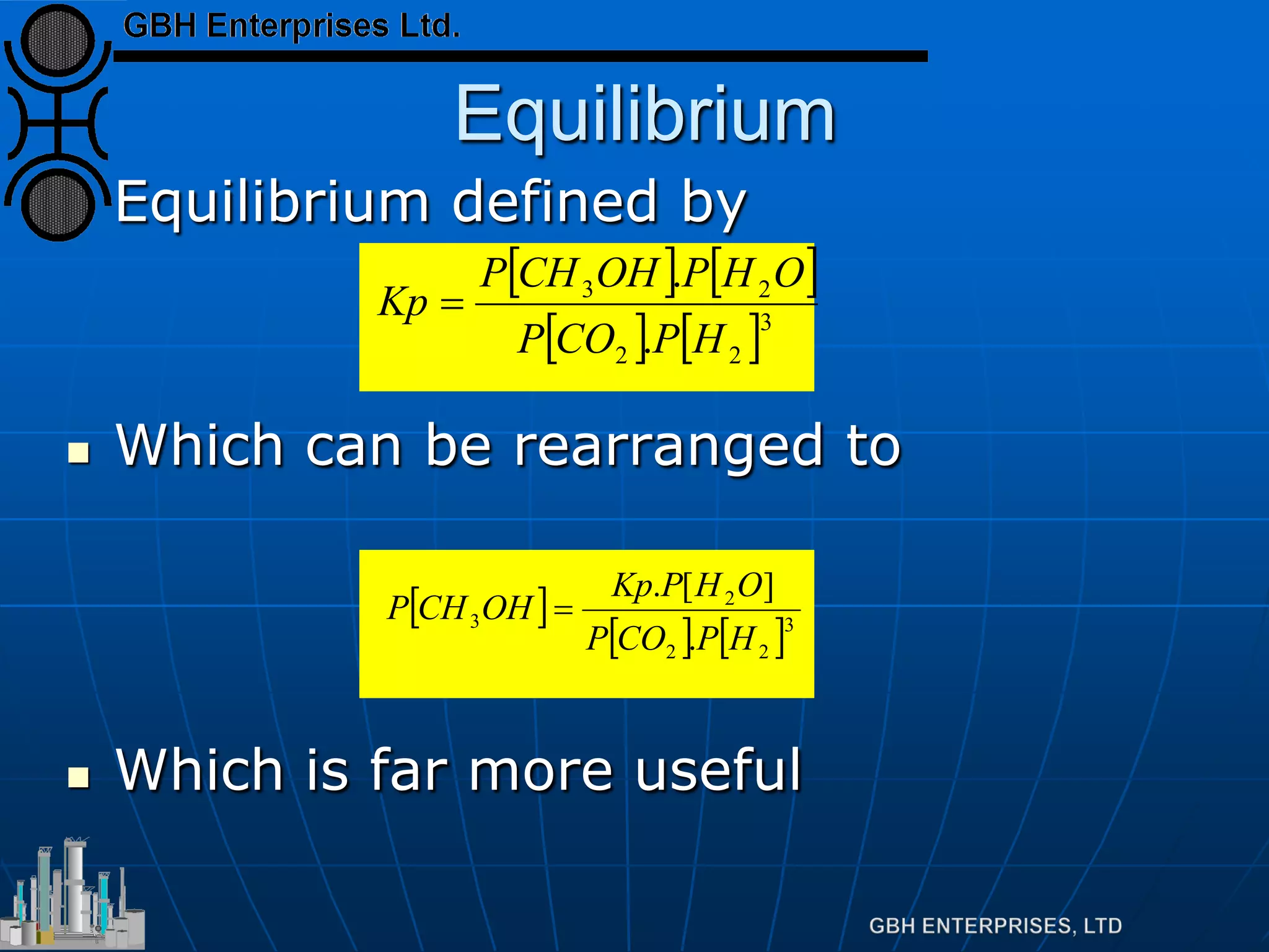 Equilibrium
 Equilibrium defined by
 Which can be rearranged to
 Which is far more useful
[ ] [ ]
[ ] [ ]3
22
23
.
.
HPCOP
OHPOHCHP
Kp =
[ ]
[ ] [ ]3
22
2
3
.
][.
HPCOP
OHPKp
OHCHP =
 