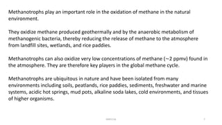 Methanotrophs play an important role in the oxidation of methane in the natural
environment.
They oxidize methane produced geothermally and by the anaerobic metabolism of
methanogenic bacteria, thereby reducing the release of methane to the atmosphere
from landfill sites, wetlands, and rice paddies.
Methanotrophs can also oxidize very low concentrations of methane (∼2 ppmv) found in
the atmosphere. They are therefore key players in the global methane cycle.
Methanotrophs are ubiquitous in nature and have been isolated from many
environments including soils, peatlands, rice paddies, sediments, freshwater and marine
systems, acidic hot springs, mud pots, alkaline soda lakes, cold environments, and tissues
of higher organisms.
KKR1116 7
 
