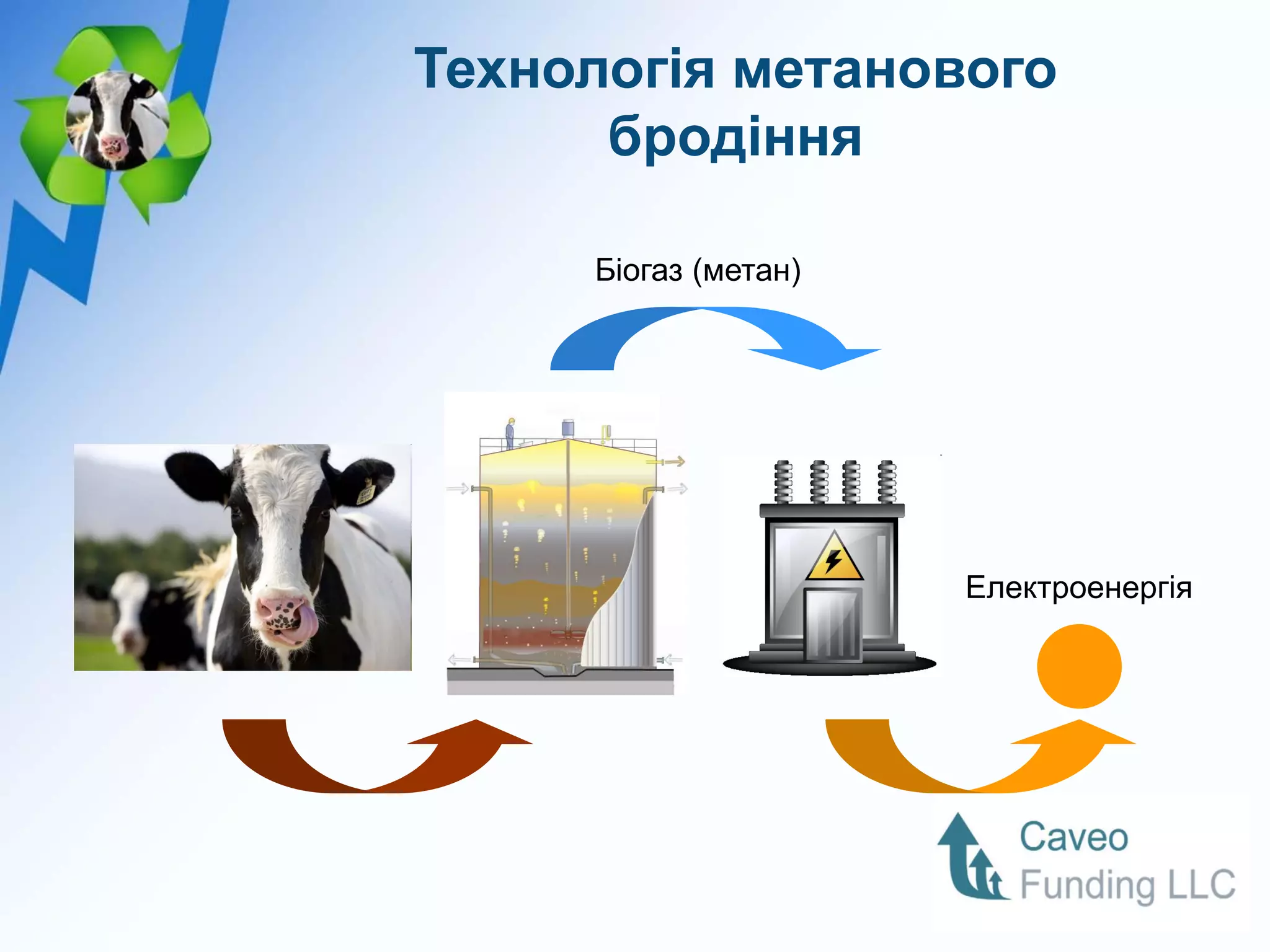 Технологія метанового
      бродіння

     Біогаз (метан)




                      Електроенергія
 