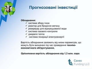 Прогнозовані інвестиції


Обладнання:
    система збору гною
    реактор для бродіння метану
    резервуар для відпрацьованої води
    система газового контролю
    джерело тепла
    система генерації електроенергії

Вартість обладнання залежить від низки параметрів, що
можуть бути визначені під час проведення техніко-
економічного обґрунтування.

Орієнтовна вартість обладнання від 1,3 млн. євро
 