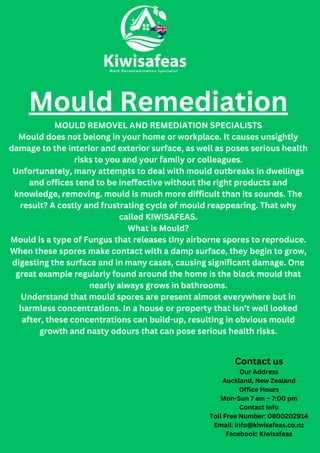 Mould Remediation
MOULD REMOVEL AND REMEDIATION SPECIALISTS
Mould does not belong in your home or workplace. It causes unsightly
damage to the interior and exterior surface, as well as poses serious health
risks to you and your family or colleagues.
Unfortunately, many attempts to deal with mould outbreaks in dwellings
and offices tend to be ineffective without the right products and
knowledge, removing. mould is much more difficult than its sounds. The
result? A costly and frustrating cycle of mould reappearing. That why
called KIWISAFEAS.
What is Mould?
Mould is a type of Fungus that releases tiny airborne spores to reproduce.
When these spores make contact with a damp surface, they begin to grow,
digesting the surface and in many cases, causing significant damage. One
great example regularly found around the home is the black mould that
nearly always grows in bathrooms.
Understand that mould spores are present almost everywhere but in
harmless concentrations. In a house or property that isn’t well looked
after, these concentrations can build-up, resulting in obvious mould
growth and nasty odours that can pose serious health risks.
Contact us
Our Address
Auckland, New Zealand
Office Hours
Mon-Sun 7 am – 7:00 pm
Contact Info
Toll Free Number: 0800202914
Email: info@kiwisafeas.co.nz
Facebook: Kiwisafeas
 