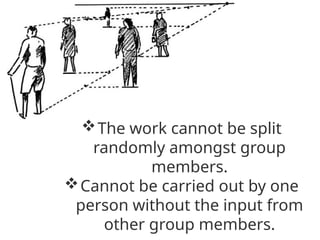 The work cannot be split
randomly amongst group
members.
Cannot be carried out by one
person without the input from
other group members.
 