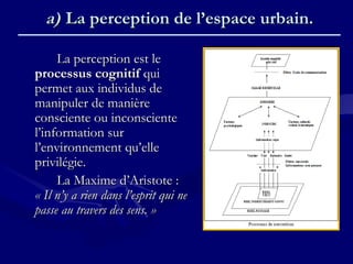 a)a) La perception de l’espace urbain.La perception de l’espace urbain.
La perception est leLa perception est le
processus cognitifprocessus cognitif quiqui
permet aux individus depermet aux individus de
manipuler de manièremanipuler de manière
consciente ou inconscienteconsciente ou inconsciente
l’information surl’information sur
l’environnement qu’ellel’environnement qu’elle
privilégie.privilégie.
La Maxime d’Aristote :La Maxime d’Aristote :
« Il n’y a rien dans l’esprit qui ne« Il n’y a rien dans l’esprit qui ne
passe au travers des sens. »passe au travers des sens. »
 
