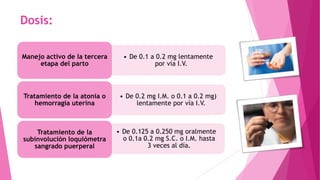 Dosis:
• De 0.1 a 0.2 mg lentamente
por vía I.V.
Manejo activo de la tercera
etapa del parto
• De 0.2 mg I.M. o 0.1 a 0.2 mg)
lentamente por vía I.V.
Tratamiento de la atonía o
hemorragia uterina
• De 0.125 a 0.250 mg oralmente
o 0.1a 0.2 mg S.C. o I.M. hasta
3 veces al día.
Tratamiento de la
subinvolución loquiómetra
sangrado puerperal
 